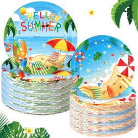 Maxdot 100 Pack Hawaiian Beach Theme Paper Plates Hello Summer 9" & 7" Disposable Dinner & Dessert Plates Hawaiian Tropical Tableware for Summer Birthday Beach Themed Party Supplies