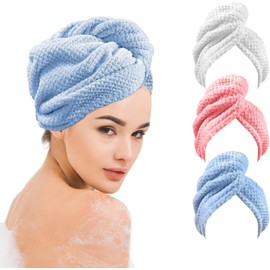 Toalla Microfibra para Cabello 3 Pack, Gorro De Baño Ultra Absorbente con Botones, Turbante De Secado Rápido Anti-Frizz para Mujer, Ideal para Baño, SPA Y Viajes (Blanco, Azul, Rosa)