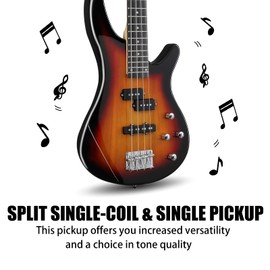 Ktaxon Ktaxon Electric Bass Guitar 4 String Bass Guitar with 20 Watt Amplifier, PJ Type Pickup, Naturally air-dried Maple Neck, Rosewood Fretboard, Basswood Body(Sunset)