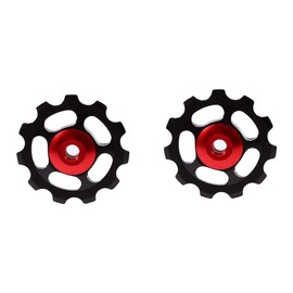 1 Pair Front Derailleur Pulley, Aluminium Alloy 11T CNC Wheel Rear Derailleur Pulley for Bicycle (Black + Red Hat)