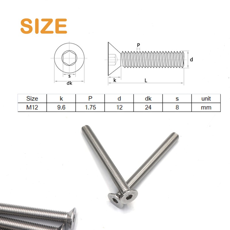 binifiMux 6pcs M12 x 25mm Countersunk Head Flat Hex Socekt