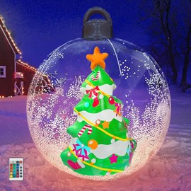 Luminous PVC Inflatable Christmas Ball, 60 cm Outdoor Inflatable Christmas Ball, Illuminated Inflatable Christmas Ball with Hand Pump, Hanging Coastal Patio Decorations (Christmas Tree)