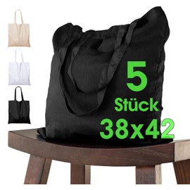 Pack of 1 or 5 Cotton Bags, 38 x 42 cm, Unprinted, Two Long Handles, Oeko-Tex® Certified Fabric Bag, Tote Bag, Cotton Bag, Shopping Bag, Jute Bag, Fabric Bag, Shopping Bag, Natural, Black | 5 Pockets