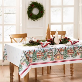 Elrene Home Fashions Storybook Christmas Village Bordered Holiday Wrinkle Resistant Tablecloth, 60" x 120", Rectangle, Multi