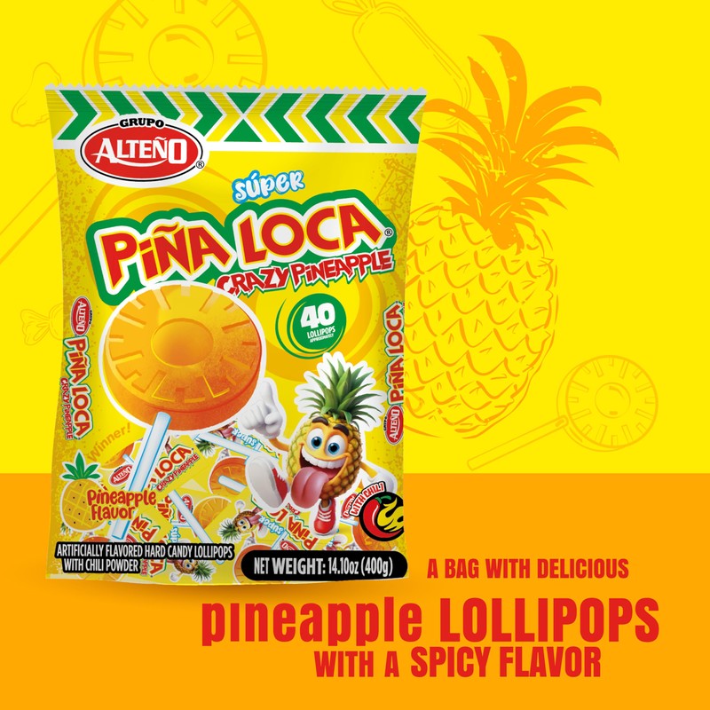 Alteño (Alteno) Super Piña Loca Pineapple Chili Lollipops, Mexican Style