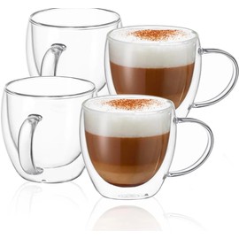 UNIQU 4x250ml Double Walled Glass Mugs Coffee Cappuccino Latte Macchiato Glasses Cups with Handle, Heat Resistant Borosilicate Glass Cups with Handle for Tea, Coffee, Latte, Cappuccino & Beverages