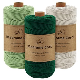 Gemtte Macrame Yarn 3 mm x 100 m, 3 Rolls Macrame Cord Braided Set Green, 3 mm Colourful Macrame Yarn for Wall Hanging Decoration, Natural Cotton Craft Cord for Crafts, Knitting, Boho Decoration