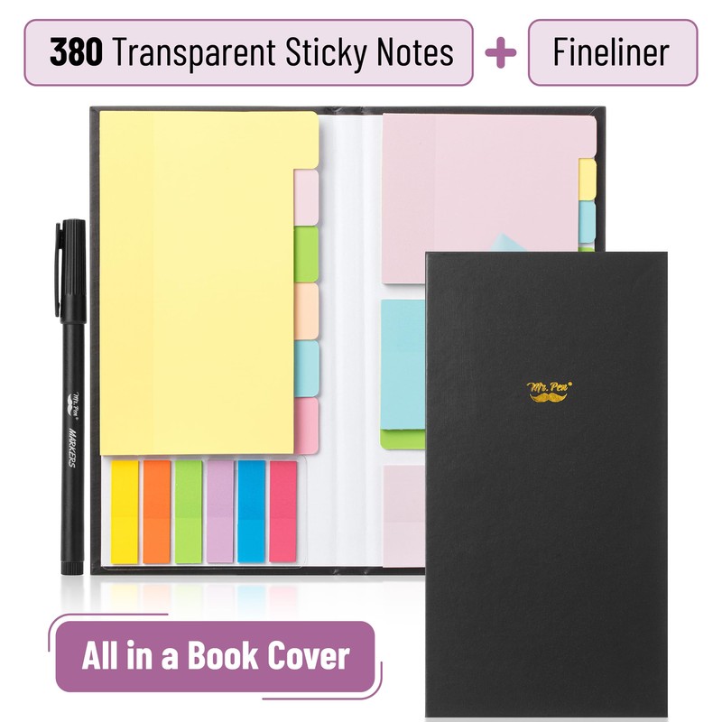Mr. Pen- Sticky Note Set, 380 Pack, Pastel Colors, Transparent