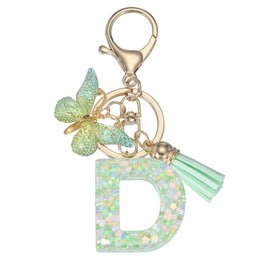 PATIKIL Alphabet Initial Letter Keychain, Resin Cute Keychains with Tassel Butterfly Letter D Pendant Charm for Women Key Purse Handbag Bag Accessories, Green