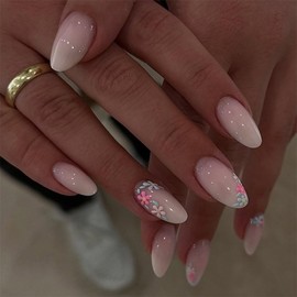 Ombre Press on Nails Medium Almond MABKJLF Flower Fake Nails False Nails with Cute Floral Designs Full Cover Glossy Glue on Nails Stick on Nails for Women Girls 24Pcs