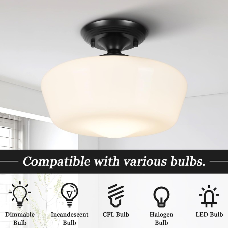 Schoolhouse Style Semi Flush Mount Ceiling Light with Dimmable Bulb
