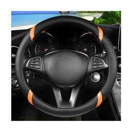 Sandfren Carbon Fiber Car Steering Wheel Cover, 15 Inch Breathable PU Leather Vehicle Steering Wheel Protector with Anti-Slip Lining, Soft Automotive Interior Accessory, Universal Fit (Black/Orange)