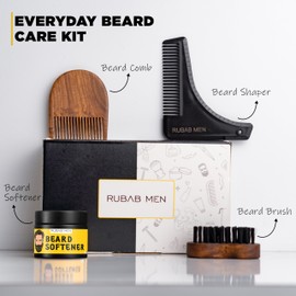 RUBAB MEN Beard Grooming 4-in-1 Kit for Men | Beard Brush, Hair & Beard Softener Balm, L-Shaped Beard Shaper Tool & Wooden Beard Comb for Men | Pack of 4