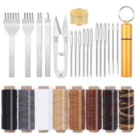 Leather Sewing Set, Leather Tool Set - 8 Colours Leather Thread Wax Thread with Leather Needle, Large Eye Sewing Needles, Chisel Tine and Other Accessories for Leather Crafts Hand Sewing Bookbinding