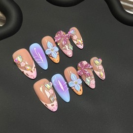Thick Press on Nails Luxury Handmade Short Almond False Nails with Glue,Muti-Layer Gel Fake Nails Tropical Flower Art Design Acrylic Press ons Nail White Glitter Reusable Nails for Women(Size S)