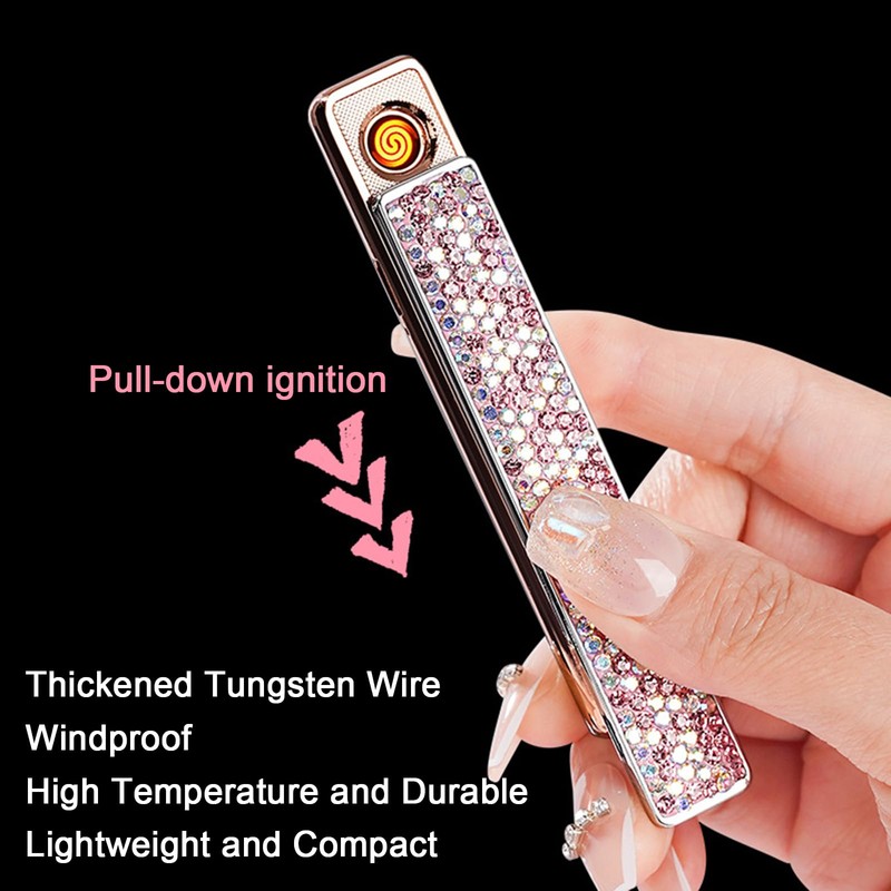 Electric Lighter, Luxury Bling Rhinestone Type-C Rechargeable Lighter with Pull-Out