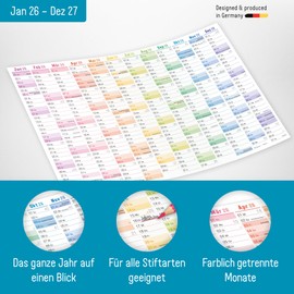 =Häfft® 5 x Wall Calendar 2026 A4 Landscape "Rainbow" + Year Overview 2027 on the Back Chalkboard Calendar, Year Planner, Yearly Calendar, Desk Calendar with Holidays - Sustainable and Climate