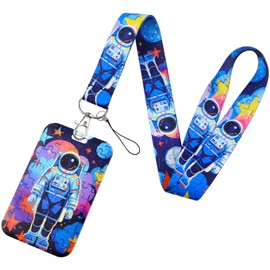 BKBKAAK Astronaut Lanyards for Id Badges, Vertical Plastic Sliding Card Holder and Silky Neck & Wrist Lanyard, Cool Colorful Spaceman Keychain with Lanyard for Kids, Boy, Men