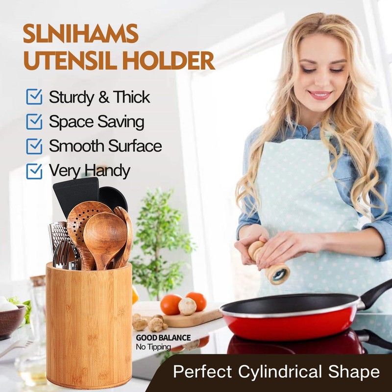 Bamboo Utensil Holder, Large Utensil Holders for Kitchen Counter, Bamboo