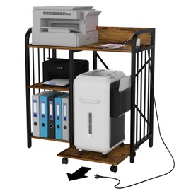 ZONLESON Metal Wood Shelf,3-Tier Lateral Office Filing Shelves,Paper Shredder Stand Rack with Wheels,Printer Table with Storage Shelves for Home Office (Brown)