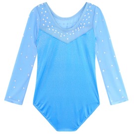 Nutyomi Girls Gymnastics Leotards - Long Sleeve Sparkles Clothes Leotard Dancewear Tumbling Gymnastics Outfits for Girls Size 7-8, Blue Rainbow, 140
