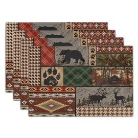 Rustic Lodge Bear Deer Placemats Set of 4, 12x18 Inch Vintage Cabin Pine Cone Wild Animal Place Mats Boho Style Country Heat Resistant Table Mats for Holiday Party Kitchen Dining Table