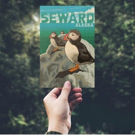 Seward, Alaska, Puffins on Rock (4x6 Birch Wood Postcards, 2-Pack Stationary, Rustic Home Wall Decor)