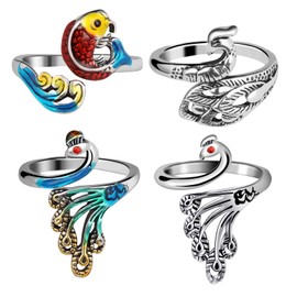 Bighan 4 Pcs Knitting Crochet Loop Ring for Fingers, Adjustable Tension Ring, Knitting Thimbles, Metal Open Yarn Guide Finger Holders - 2 Multi Silver and 2 Silver