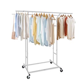 ALSO GO Rolling Double-Rod Commercial Grade Heavy Duty Clothes Rack load 400 lbs, Adjustable Double-rail Garment Rack with Shelf, Portable Clothes Organizer with Wheels, Chrome Finish