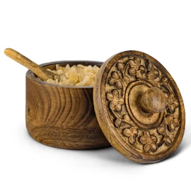 Mie Creations Rustic Salt Box Cellar with Hand Carved Lid & Spoon, Wooden Salt Pinch Bowls | Wood Salt Pepper Keeper, Spice Bowls for Cooking, Sugar Holder for Kitchen, Christmas Thanksgiving Decor