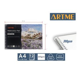 ARTME A4 Watercolour Pad (2 Pack) x 12 Sheets/ 300gsm/ Firmly Textured/Cold Pressed/Cellulose Acid Free/Premium Quality Drawing Pad Sketchbook Aquarelle & Gouache Painting(2 Pack)