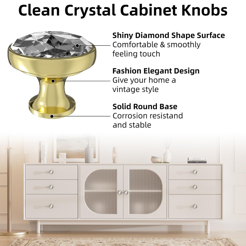 ELEBUILD 10 Pack Clear Crystal Cabinet Knobs, Gold, Kitchen Cupboard