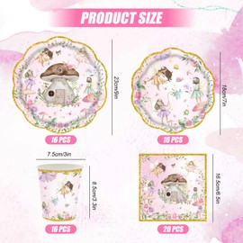 Falafoty Fairy Paper Plate Set, Elf Theme Tableware Party Supplies,Flower Elf Paper Plate, Cup,Napkin, Party Dinnerware Suit for Kids Girls Birthday Baby Shower Decor (Flower)