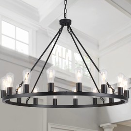 Juhoural 16 Lights Black Wagon Wheel Chandelier, 40 inch Large Farmhouse Chandelier Round Rustic Chandelier, Outdoor Wagon Chandelier for Porch High Ceilings Dining Room Living Room Entryway