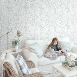 Heroad Floral Peel and Stick Wallpaper Boho Contact Paper Morandi Watercolor Sage Green Blue Flower Wallpaper Modern Wall Paper for Bedroom Removable Self-Adhesive Thicken Decoration 17.3In x 11.5Ft