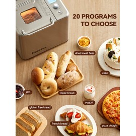 Neretva Bread Maker, 20-IN-1 2LB Bread Machine Dual Heater Bread Maker Machine Automatic with Nonstick Ceramic Pan, 15H Timer & 1H Keep Warm Set, Low Noise, Stainless Steel Breadmaker Recipe-Silver