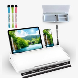 Piu home Desktop whiteboard - Glass Desk Dry Erase board with storage- Desk buddy memo board for computer monitor- EXTRA STICKERS Weekly Organizer and Ruler- work from home and office