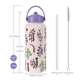 Goetland Insulated Water Bottle Flowers 1 Litre Stainless Steel Water Bottle with Straw Handle Double Walled Vacuum Bottle Drinking Cup Leak-Proof for Women and Men Purple