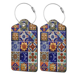 2 Pcs Luggage Tag for Suitcase, Talavera Mexican Tiles PU Leather Baggage Tags Identifiers with Privacy Name Address Labels and Durable Steel Loop for Women Men Travel