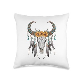 Boho Western Cow Skull with Flowers and Dreamcatcher Throw Pillow