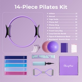 14Pcs Pilates Kit for Women, [2025 Upgraded] Pilates Equipment for Home Workouts, Pilates Accessories with Pilates Ring & Ball Set, Hand Pump, Booty Bands, Figure 8 Resistance Band (Purple)