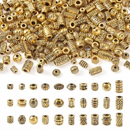 Spritewelry 300pcs Antique Gold Spacer Beads for Jewelry Making Tibetan Style Metal Beads Alloy Column Barrel Loose Beads for Jewelry Making Bracelets Necklace Braids Hair Decoration 30 Style
