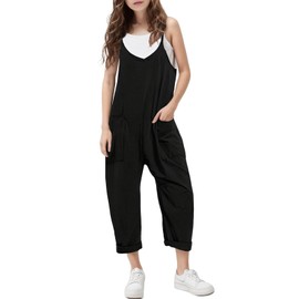 Evensu Girls Casual Sleeveless Romper Black Jumpsuits Size 8-10 9 Spaghetti Strap Overalls Loose Summer Clothes Long Pants With Pockets