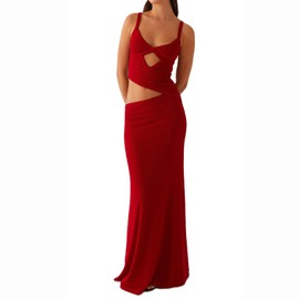 Women Spaghetti Strap Cut Out Maxi Dress Sleeveless V-Neck Backless Bodycon Dress Summer Long Dress Cocktail Party (Red, S)