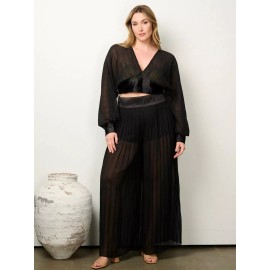 LXVX Womens Plus Size Black Wide Leg Pants Set 2pc 3XL Pleated Sheer Lined