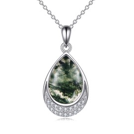 YAFEINI Moonstone Necklace for Women 925 Sterling Silver Filigree Zirconia Pendant Necklace Jewellery for Girls, Sterling Silver, Mossachate