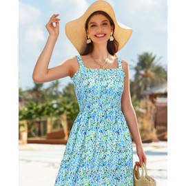 Youtalia Women's Smocked Maxi Dress Summer Boho Casual Square Neck A-Line Long Dresses Strap Beach Vacation Sundresses Blue Floral S