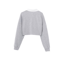 Remidoo Women's Collared Half Button Crop Top Polo Long Sleeve Cropped Sweatshirt Grey Small