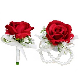 MAFELOE 2 Pieces Party Prom Homecoming Artificial Rose Wrist Corsage and Boutonniere Set, Groom Groomsmen Bride Bridesmaids Wedding Simulation Flowers Accessories Suit Decorations - Red
