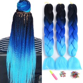 ShowJarlly Box Braid Hair Extensions, 24inch Black/Royal Blue/Sky Blue ​Ombre Jumbo Braid Hair, 3Packs Synthetic Jumbo Braiding Hair Extension Afro Hair Extensions for Crochet Twist Braids